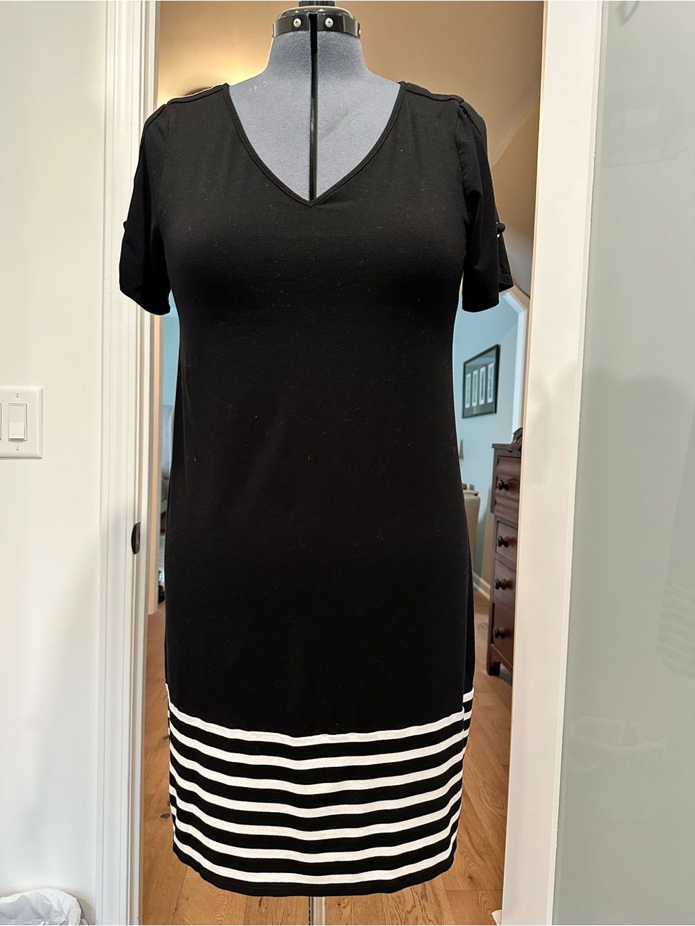 White House Black Market Black V-Neck Tunic with White Striped Hem